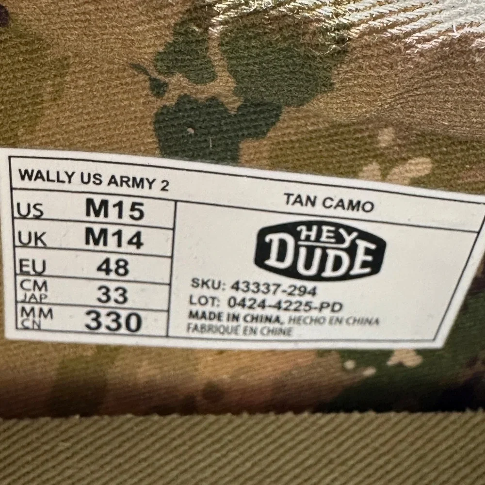 Hey Dude Wally US Army Loafers Mens 15 Tan Camo Canvas Slip On NEW